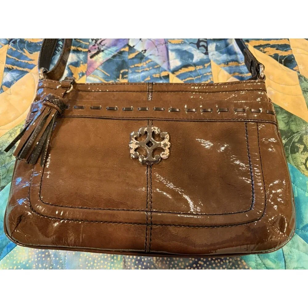 BRIGHTON Patent Leather Purse Olive Green Shoulder Bag Wallet Hobo Retro - Picture 2 of 16